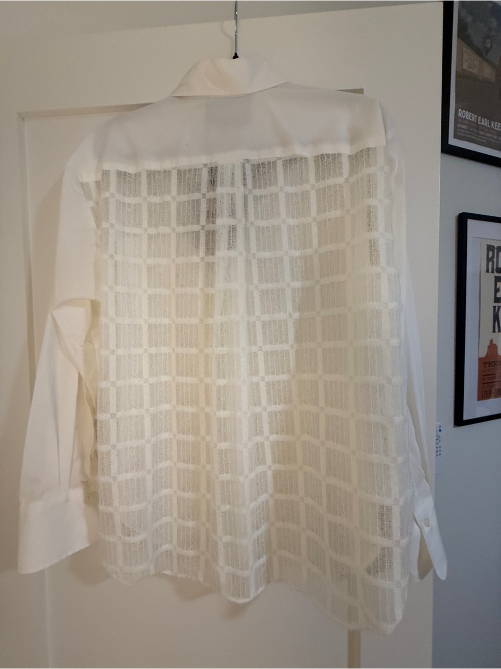 Theo The Label White Button-Front Blouse with Lace Sheer Back